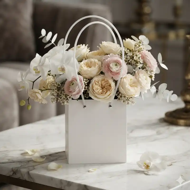 Biała papierowa torebka na kwiaty 36 cm wypełniona eleganckim bukietem z róż i orchidei na marmurowym stole.