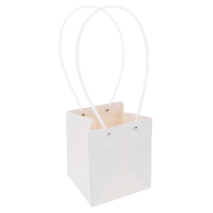 Biała papierowa torebka na kwiaty 36 cm z wygodnymi uchwytami.