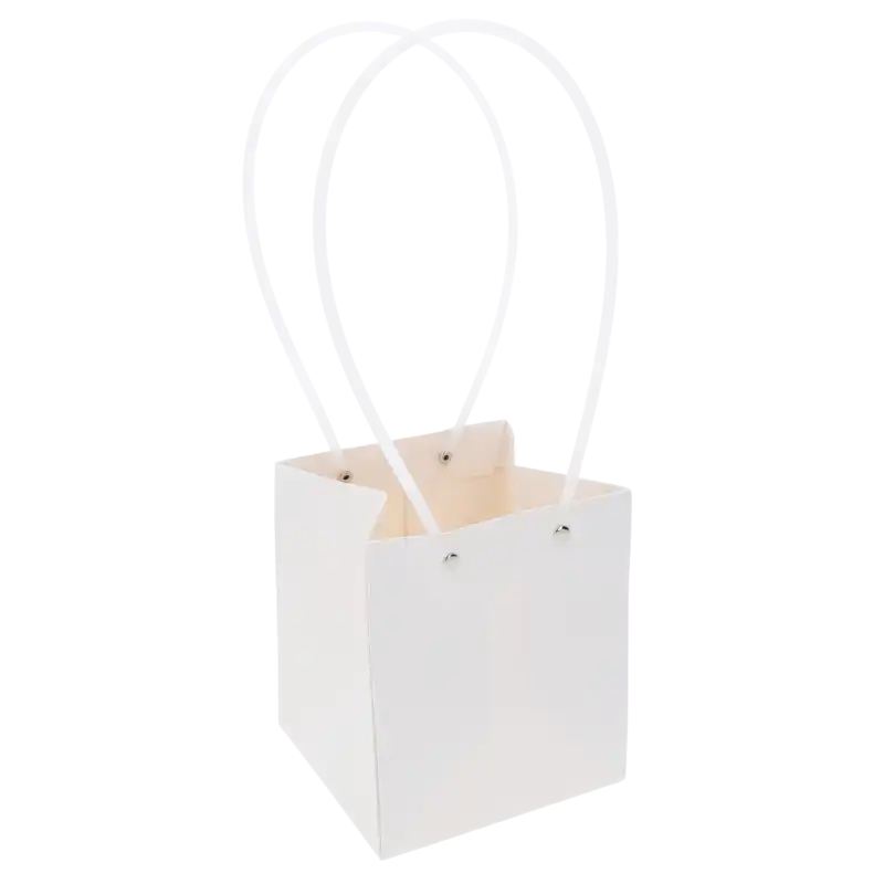 Biała papierowa torebka na kwiaty 36 cm z wygodnymi uchwytami.
