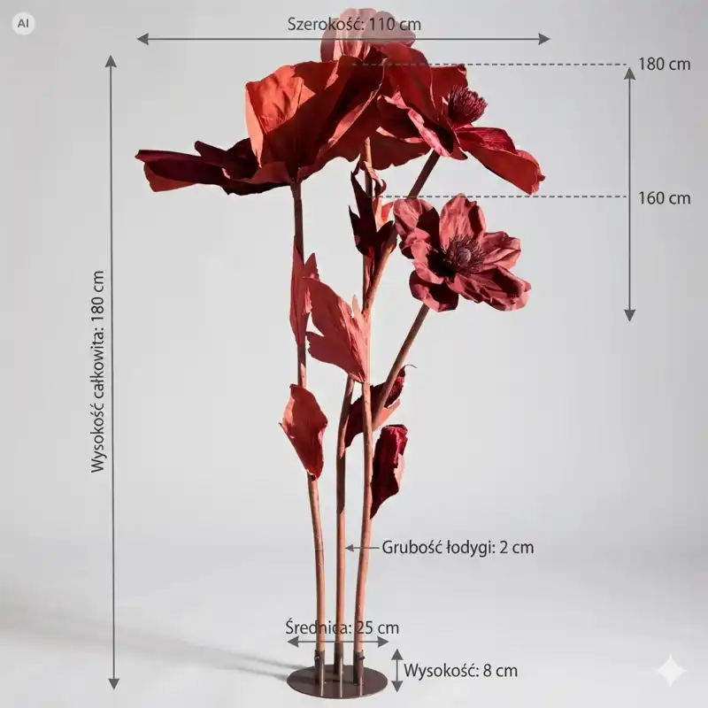 Infografika przedstawiająca welurowe kwiaty na stojaku 180 cm z wymiarami wysokości, szerokości oraz podstawy.