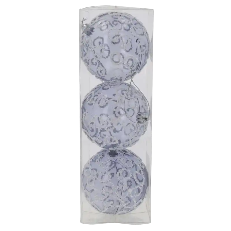 Szare przezroczyste bombki 8 cm 3 szt. w plastikowym opakowaniu.