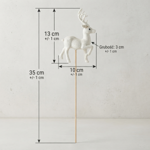 Infografika przedstawiająca biały renifer na piku 35 cm z zaznaczonymi wymiarami figurki 13x10 cm