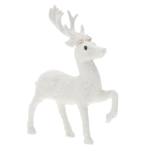 Biała brokatowa figurka renifera o wysokości 13 cm na neutralnym tle.