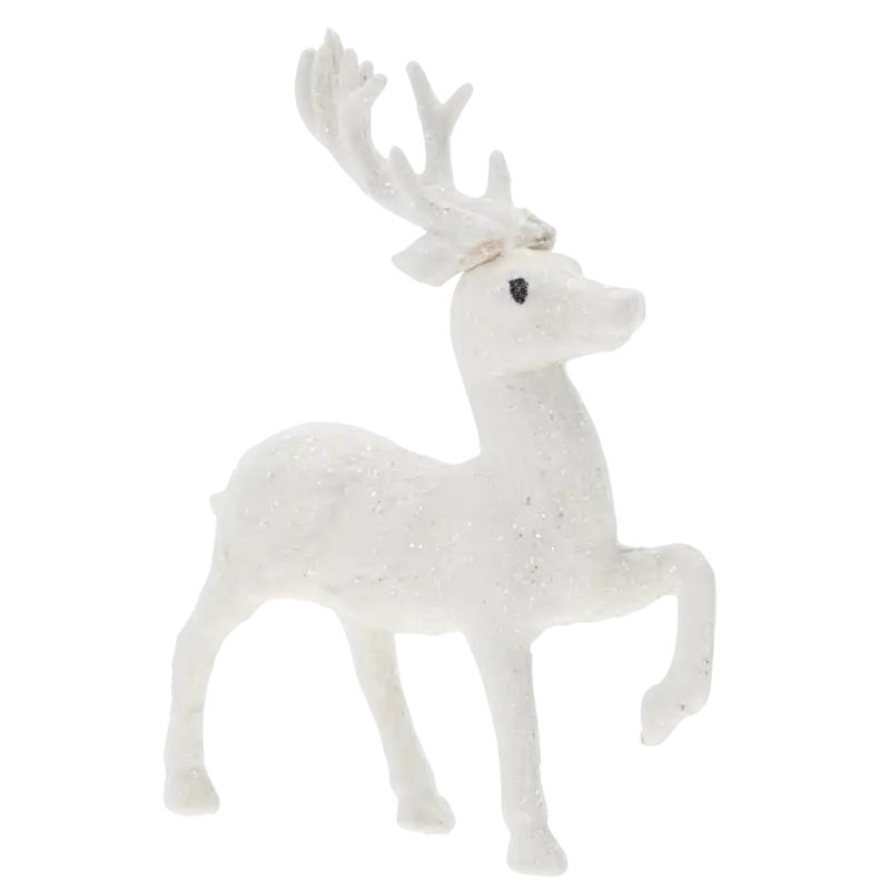 Biała brokatowa figurka renifera o wysokości 13 cm na neutralnym tle.