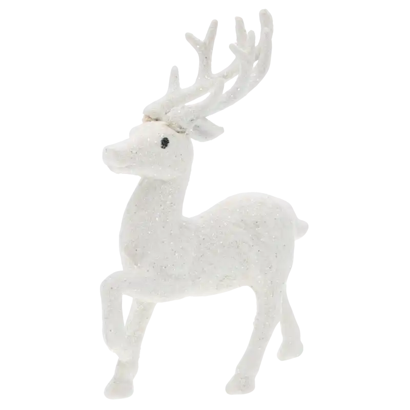Biała brokatowa figurka renifera o wysokości 13 cm na białym tle