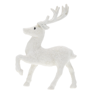 Biały brokatowy renifer 13 cm na białym tle