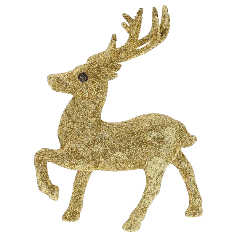 Złoty brokatowy renifer 13 cm na białym tle