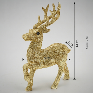 Złoty brokatowy renifer 13 cm z zaznaczonymi wymiarami 9x3 cm, idealny do stroików świątecznych.