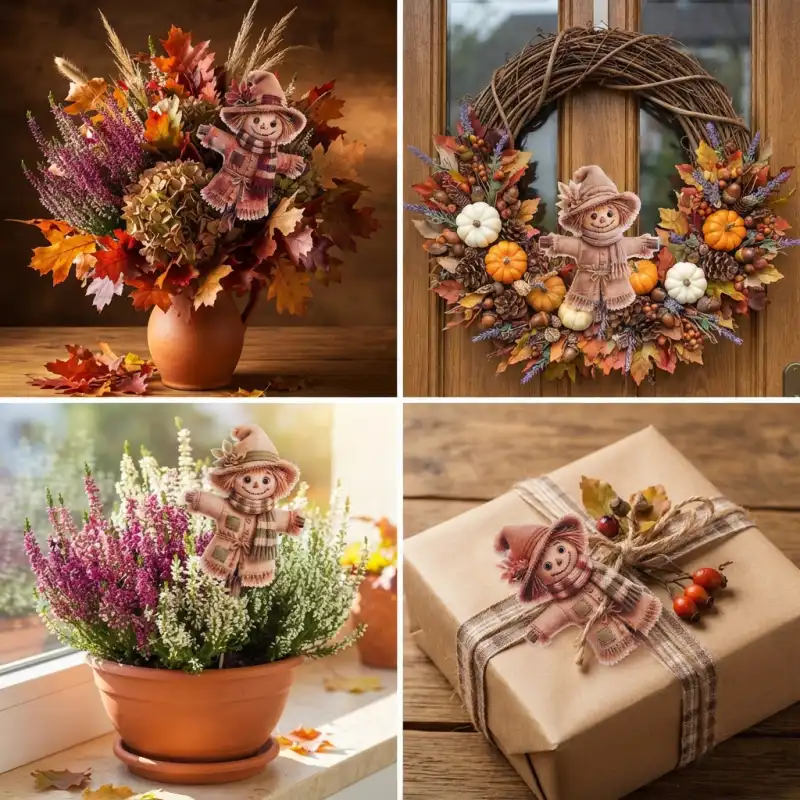 Kolaż z aranżacjami: bukiet jesienny, wieniec na drzwi, doniczka z wrzosami i ozdobiony prezent, z drewnianym pikiem strach na wróble 37 cm.
