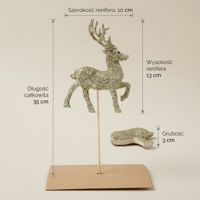 Infografika przedstawiająca złoty pik jelonek z brokatem o długości całkowitej 35 cm, z wymiarami renifera 10x13 cm i grubością 3 cm.