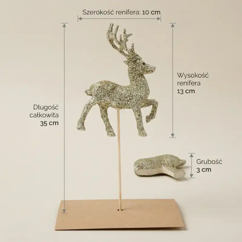 Infografika przedstawiająca złoty pik jelonek z brokatem o długości całkowitej 35 cm, z wymiarami renifera 10x13 cm i grubością 3 cm.