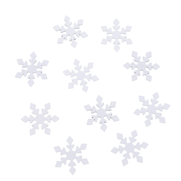 Białe drewniane śnieżynki o średnicy 3,5 cm, zestaw 10 sztuk.