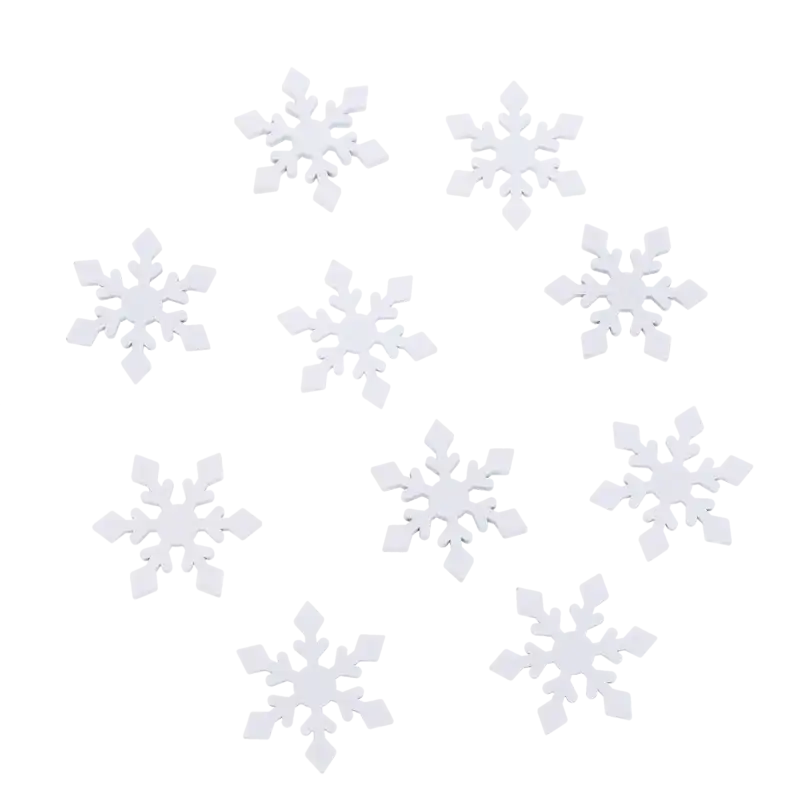 Białe drewniane śnieżynki o średnicy 3,5 cm, zestaw 10 sztuk.
