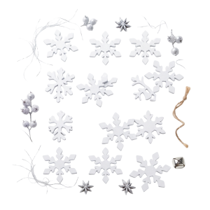 Zestaw 10 białych drewnianych śnieżynek o średnicy 3,5 cm z dodatkami florystycznymi