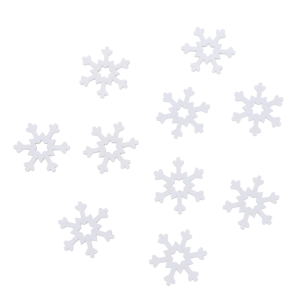 Zestaw 10 białych drewnianych śnieżynek o średnicy 4 cm na tle.