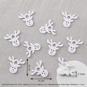 Zestaw 10 sztuk białych drewnianych reniferów o wymiarach 4x4 cm i grubości 2 mm.