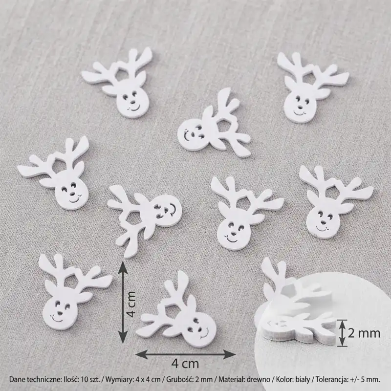 Zestaw 10 sztuk białych drewnianych reniferów o wymiarach 4x4 cm i grubości 2 mm.