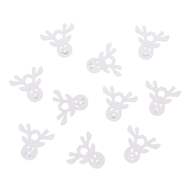 Zestaw 10 białych drewnianych reniferów o wymiarach 4x4 cm na białym tle.