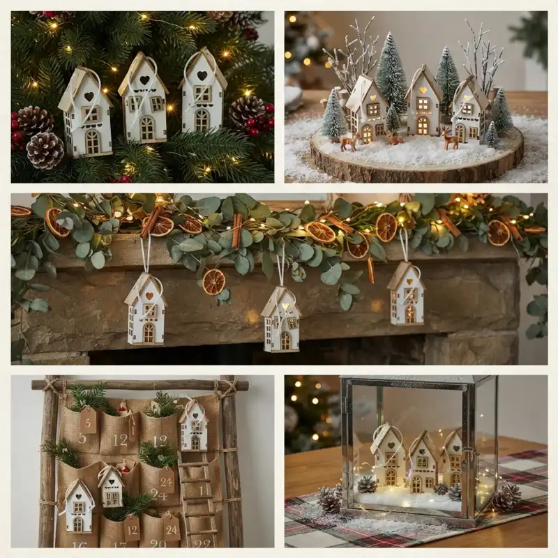 Kolaż z pięcioma aranżacjami różowej torby dekoracyjnej 32x20 cm: na choince, w zimowej scenerii, na kominku, w kalendarzu adwentowym i w latarni.