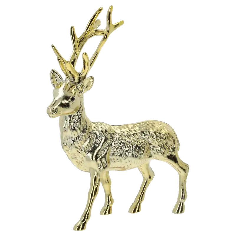 Błyszcząca złota świąteczna figurka renifera o wysokości 17 cm na białym tle.
