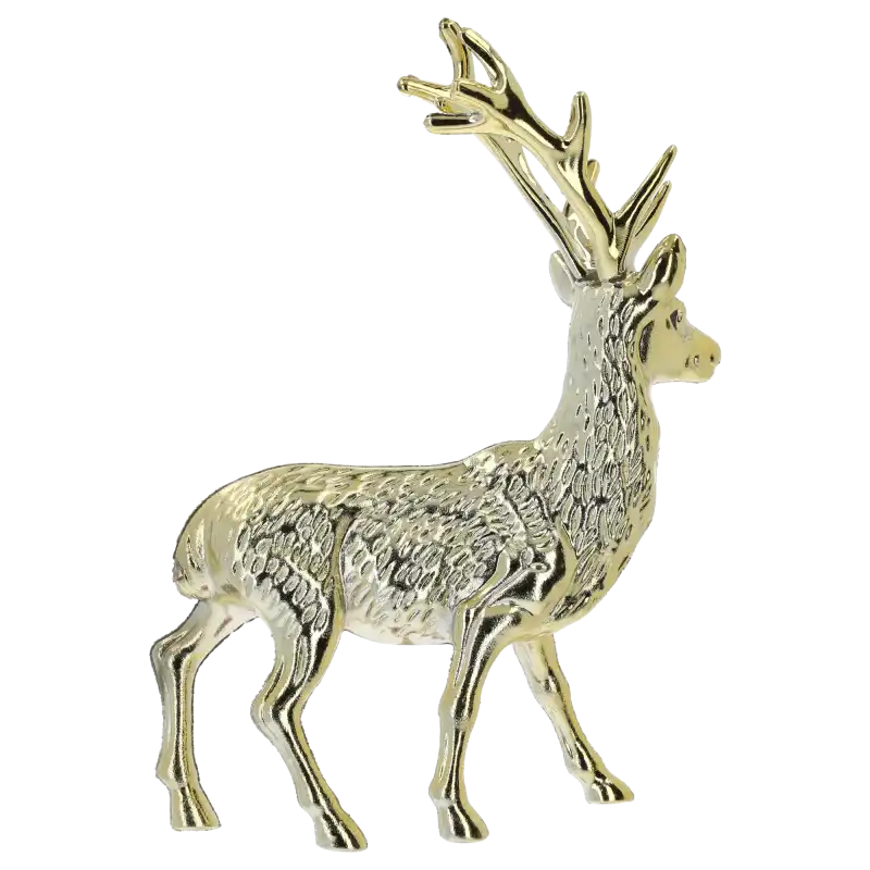 Błyszcząca złota świąteczna figurka renifera o wysokości 17 cm na białym tle