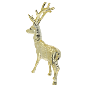 Błyszcząca złota świąteczna figurka renifera o wysokości 17 cm na białym tle.