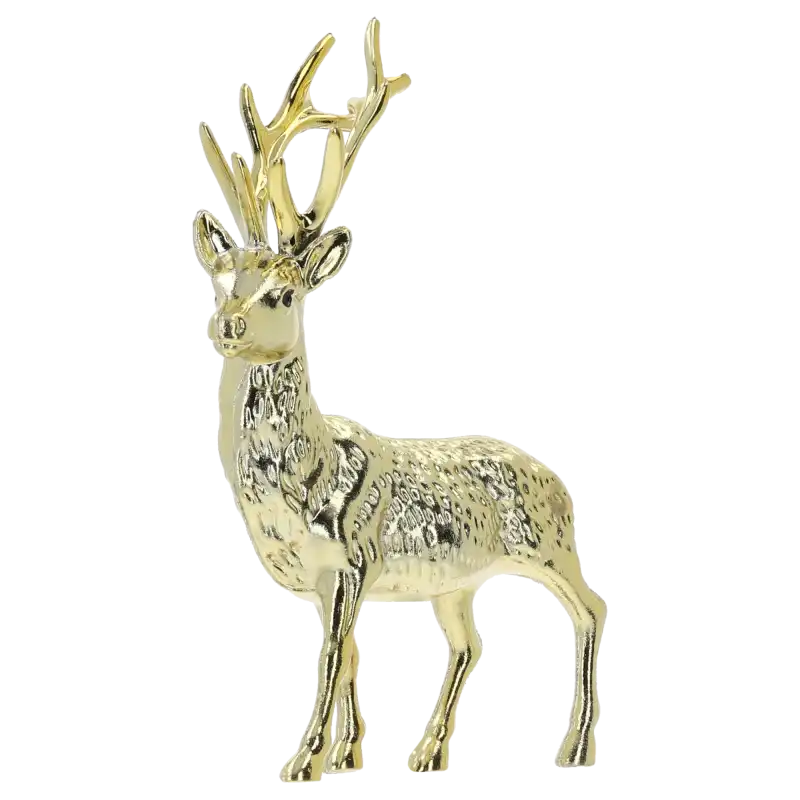 Błyszcząca złota świąteczna figurka renifera o wysokości 17 cm na neutralnym tle
