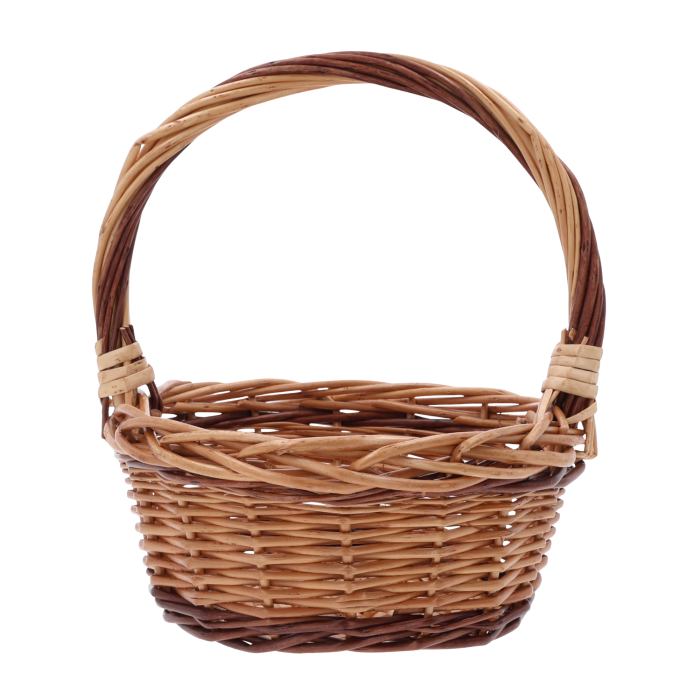 Okrągły brązowy koszyk wiklinowy 22 cm z pałąkiem na jasnym tle
