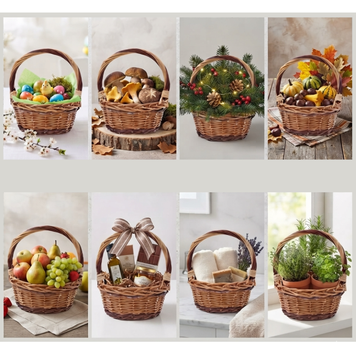 Kolaż przedstawiający brązowy koszyk wiklinowy 22 cm w ośmiu aranżacjach: jako koszyk wielkanocny, na grzyby, stroik świąteczny, dekoracja jesienna, z owocami, zestaw prezentowy, z ręcznikami oraz z ziołami.