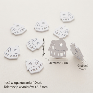 Białe drewniane domki 10 szt., wymiary 3x4 cm, ozdoby świąteczne do stroików i prac kreatywnych.