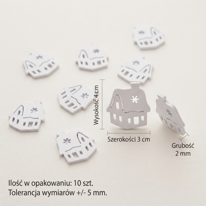 Białe drewniane domki 10 szt., wymiary 3x4 cm, ozdoby świąteczne do stroików i prac kreatywnych.