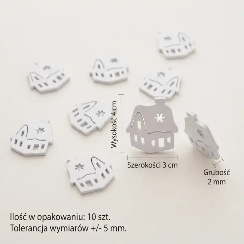 Białe drewniane domki 10 szt., wymiary 3x4 cm, ozdoby świąteczne do stroików i prac kreatywnych.