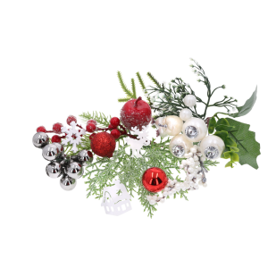 Kompozycja florystyczna z białymi drewnianymi domkami o wymiarach 3x4 cm, gałązkami i ozdobami.
