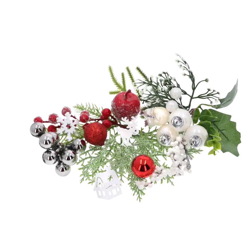 Kompozycja florystyczna z białymi drewnianymi domkami o wymiarach 3x4 cm, gałązkami i ozdobami.