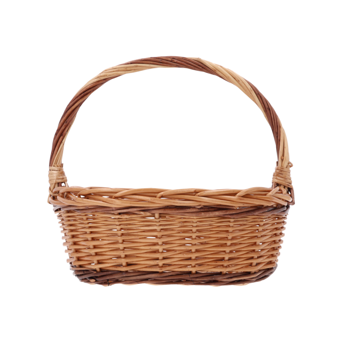 Brązowy owalny kosz wiklinowy o wymiarach 28x20 cm z pałąkiem