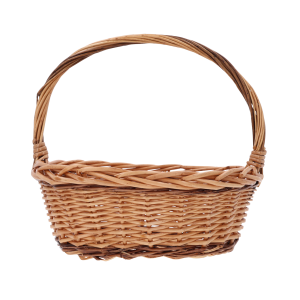Brązowy owalny kosz wiklinowy 32x28 cm z pałąkiem na białym tle