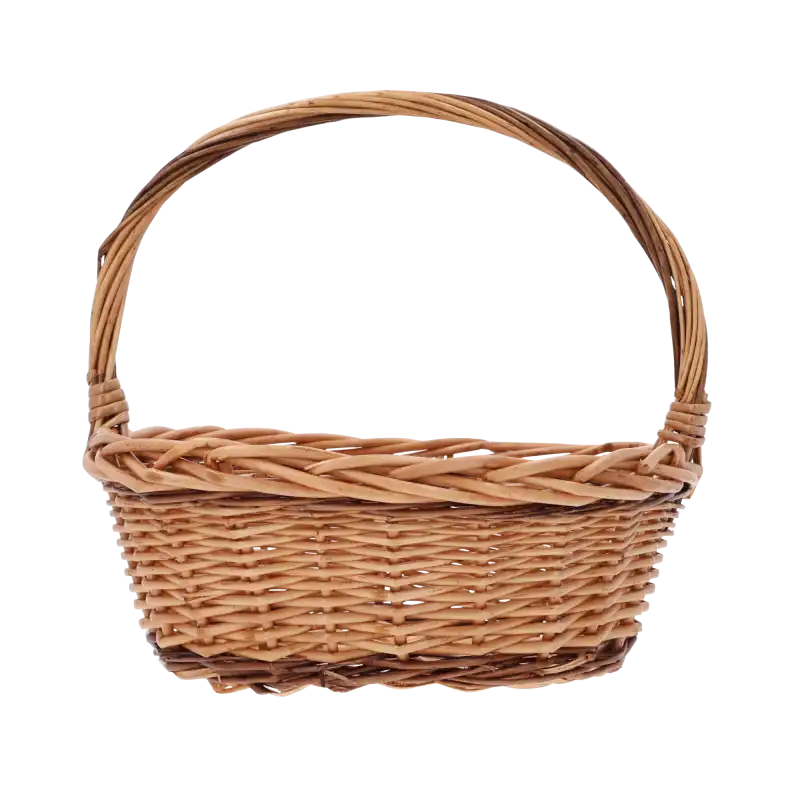 Brązowy owalny kosz wiklinowy 32x28 cm z pałąkiem na białym tle