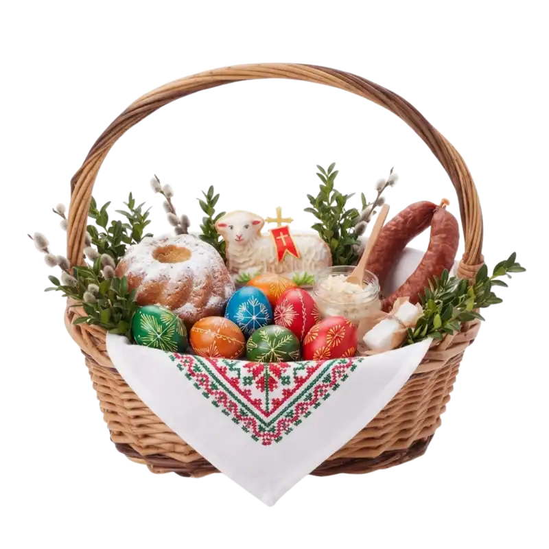 Brązowy owalny kosz wiklinowy 32x28 cm wypełniony wielkanocnymi pisankami, babką, barankiem i wędlinami na białej serwecie