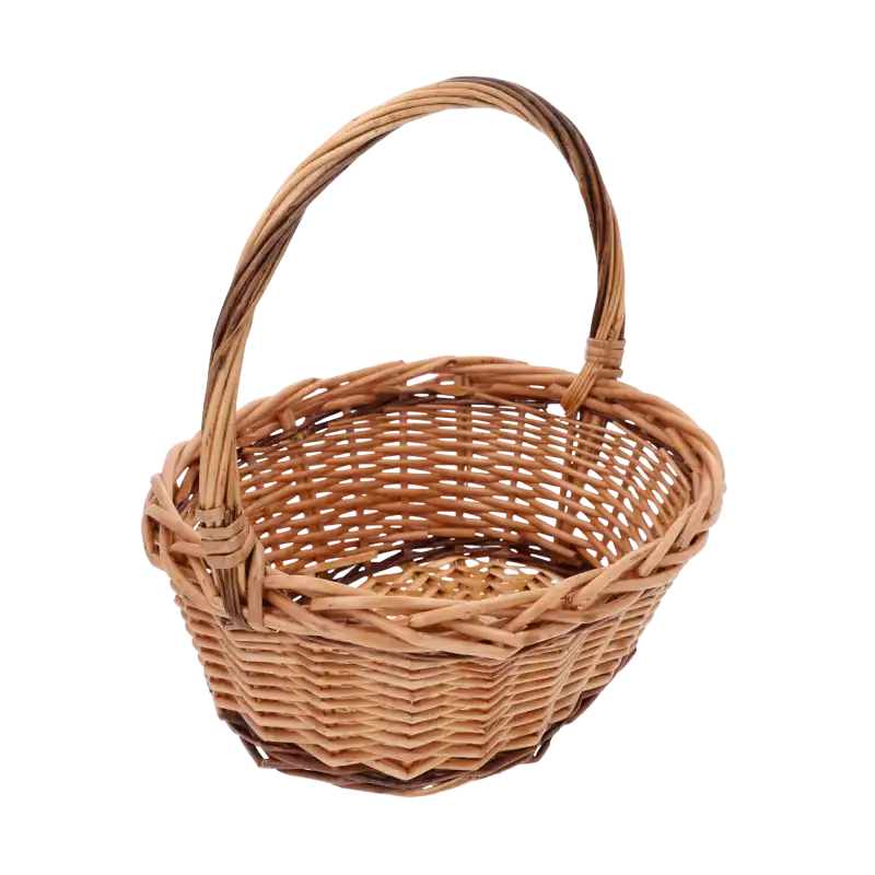 Brązowy owalny kosz wiklinowy 32x28 cm z pałąkiem na białym tle