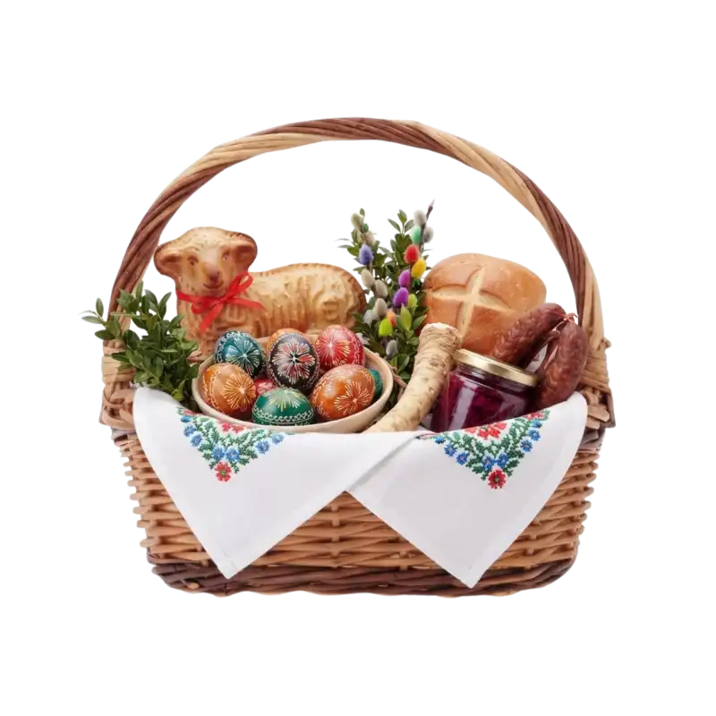 Brązowe owalne kosze wiklinowe jako wielkanocny koszyczek wypełniony pisankami, barankiem i tradycyjnymi potrawami.