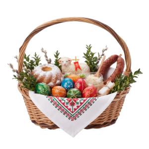 Brązowy owalny koszyk wiklinowy 32x28 cm wypełniony tradycyjnymi potrawami wielkanocnymi, pisankami i serwetką.