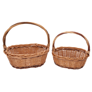 Komplet 2 brązowych owalnych koszy wiklinowych z pałąkiem, rozmiar M ma wysokość 30 cm