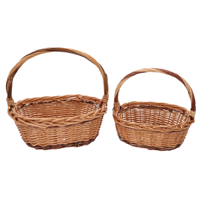 Komplet 2 brązowych owalnych koszy wiklinowych z pałąkiem, rozmiar M ma wysokość 30 cm