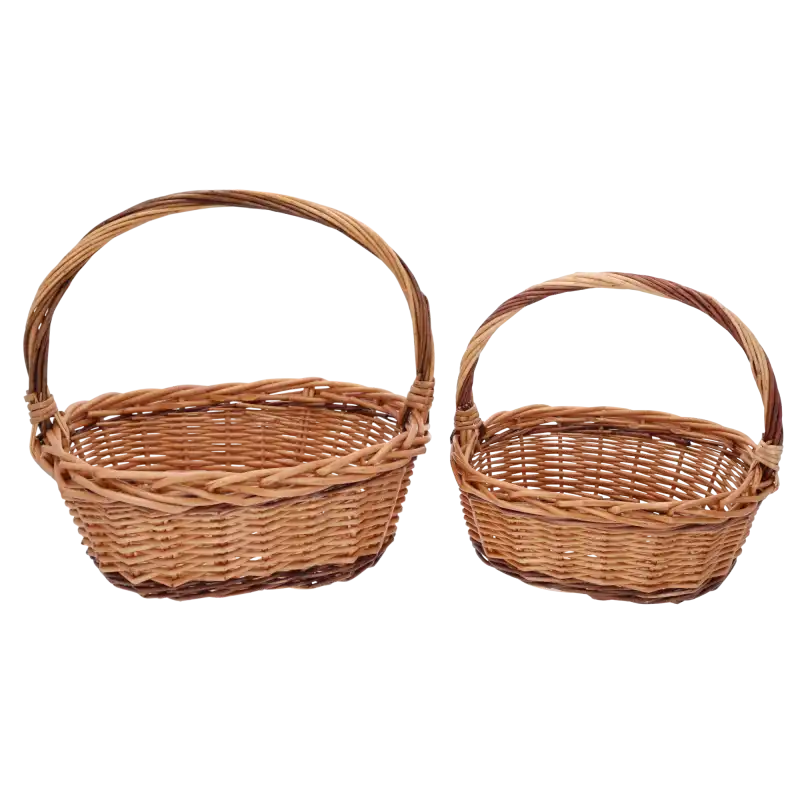 Komplet 2 brązowych owalnych koszy wiklinowych z pałąkiem, rozmiar M ma wysokość 30 cm