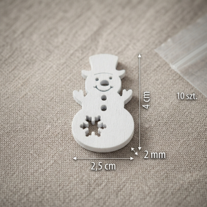 Białe drewniane bałwanki o wymiarach 4x2,5 cm, zestaw 10 sztuk z widocznymi wymiarami.