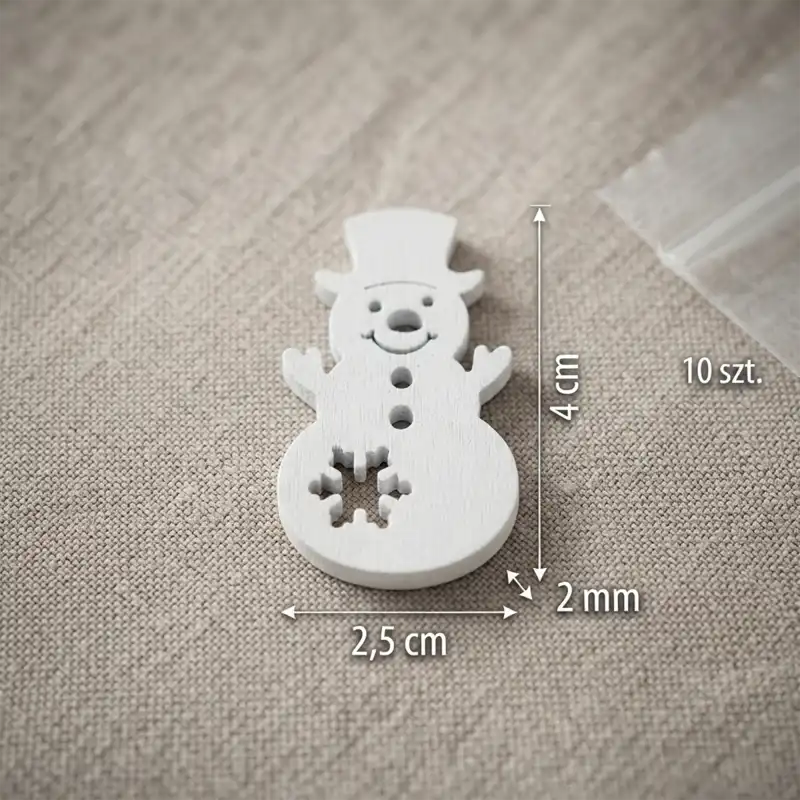 Białe drewniane bałwanki o wymiarach 4x2,5 cm, zestaw 10 sztuk z widocznymi wymiarami.