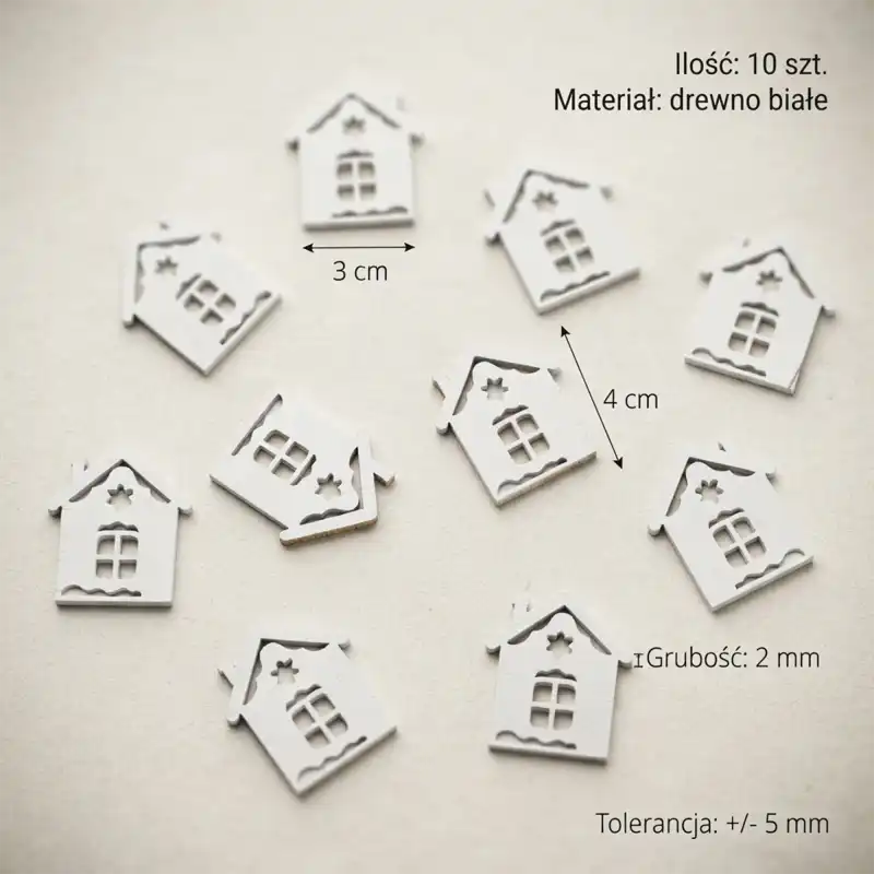 Zestaw 10 białych, drewnianych domków o wymiarach 3x4 cm i grubości 2 mm, idealnych do ozdób świątecznych.