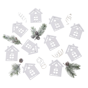Zestaw 10 białych drewnianych domków o wymiarach 3x4 cm z gałązkami