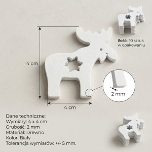 Infografika przedstawiająca białe drewniane łosie 4x4 cm, kpl 10 sztuk z wymiarami i detalami.
