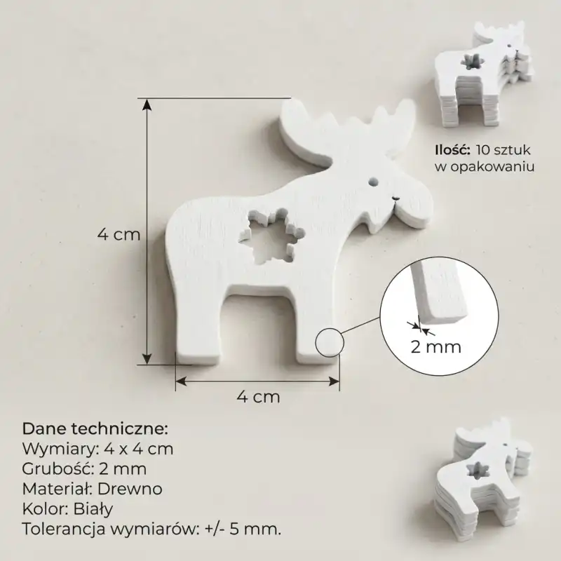Infografika przedstawiająca białe drewniane łosie 4x4 cm, kpl 10 sztuk z wymiarami i detalami.